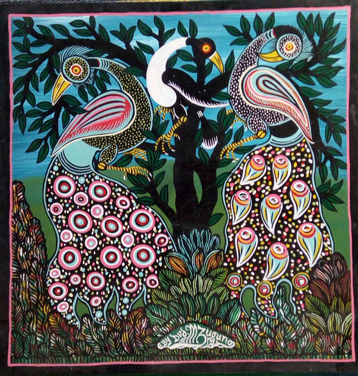 Lack auf Pressholz, Pfauen und Vogel, Gemälde, David Mzuguno