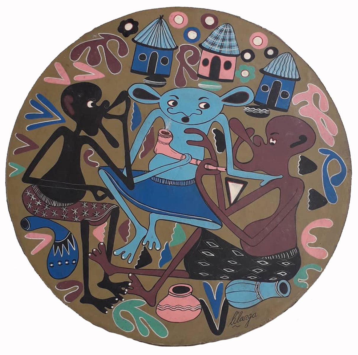 Painting, lacquer on pressed wood, brown, George Lilanga